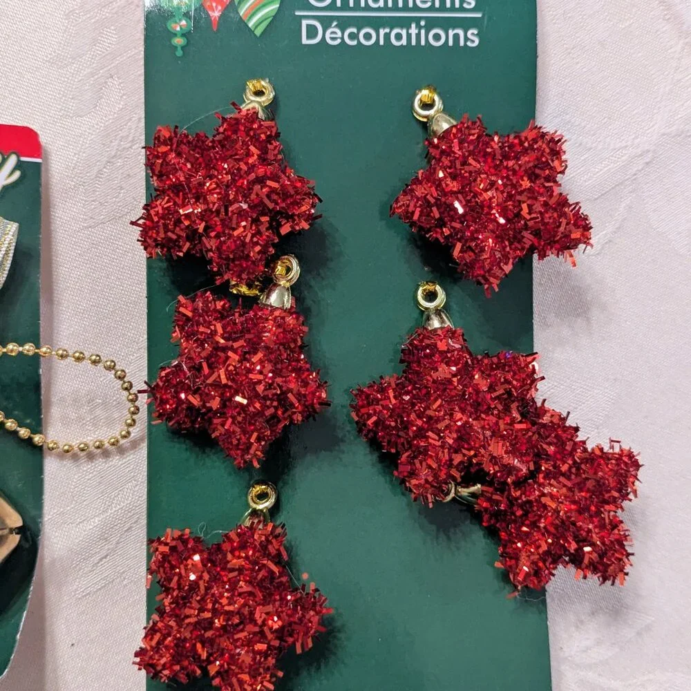 New Set of 2 Retro Merry Ornaments 2 Gold Bells 6 Tinsel Stars Christmas VTG